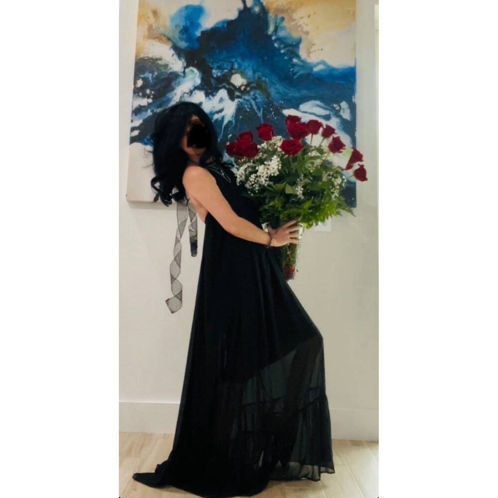 Floaty Flowy Black Maxi Dress Ruffle Size Small 58” Long Maternity